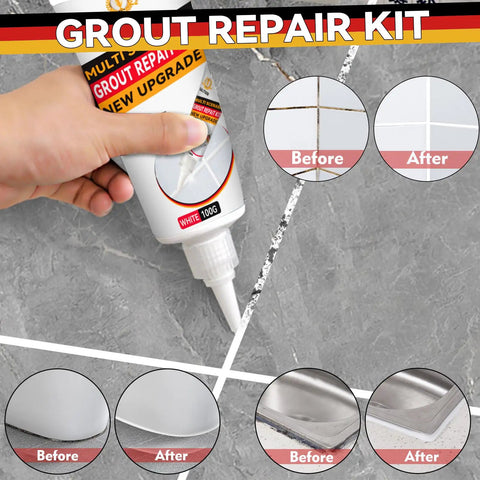 Diy Friendly Fast Drying Grout Repair Kit With Sealer For Tile Floors In Bathroom And Kitchen in use on gray tile floor.