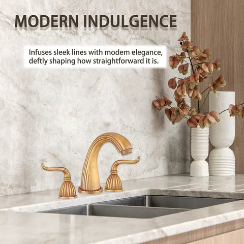 Antique Brass Two-Handle Three-Hole Bathroom Sink Faucet With Drip-Free Solid Brass Construction Hot And Cold Water Mixing Classic Vanity Tap Matching Metal Pop-Up Drain Assembly For Easy Install