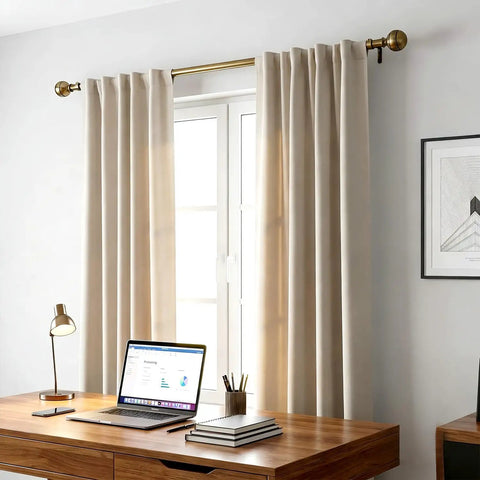 Brass Curtain Rods For Windows 30 To 88 Inch Adjustable Built Tough Metal 1 Inch Pipe Drapery Rods Decorative Modern Rustic Blackout Rods With Twisted Cage Finials displayed above window with beige curtains, desk, and lamp.