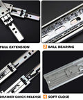 Heavy Duty 20 Inch Full Extension Drawer Slides Featuring Soft Close Ball Bearings Side Mount Cabinet Glides showing detailed views of hardware features.