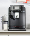 Zero Stress Super Automatic Espresso Machine With Integrated Milk Frother For Silky Latte Creations Featuring One Touch Brewing Effortless Control Panel And Sleek Matte Black Finish on countertop with milk container.