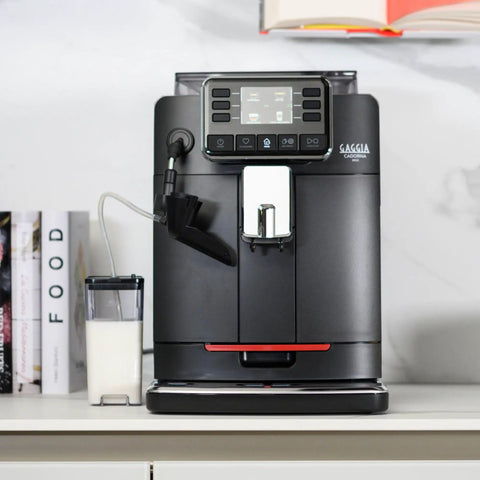 Zero Stress Super Automatic Espresso Machine With Integrated Milk Frother For Silky Latte Creations Featuring One Touch Brewing Effortless Control Panel And Sleek Matte Black Finish on countertop with milk container.