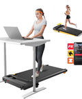 Woman using Walking Pad Treadmill With 10 Percent Incline For Home Office And Under Desk Use Ultra Compact Portable Treadmill with laptop