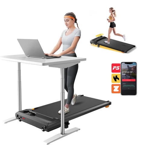 Woman using Walking Pad Treadmill With 10 Percent Incline For Home Office And Under Desk Use Ultra Compact Portable Treadmill with laptop