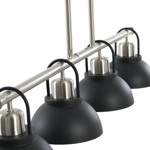Close-up of Walsh Four Light Linear Chandelier With Metal Shades In Brushed Nickel And Matte Black Mid Century Vibe Ceiling Fixture