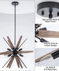 Six Light Sputnik Pendant Light In Black With Wood Accents Dope Rustic Modern Chandelier for dining room, shown in close-up