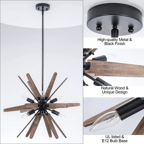 Six Light Sputnik Pendant Light In Black With Wood Accents Dope Rustic Modern Chandelier for dining room, shown in close-up