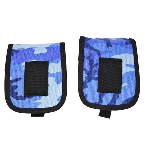 Pair of camo blue scuba diving weight pockets with QR buckles, durable 5lb pouches, fits 2 inch weight belts, Cordura fabric.