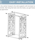 Diagram showing assembly instructions for Compact Firewood Rack And Four Tool Set For Fireplace with tree design panels.