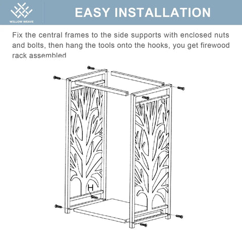 Diagram showing assembly instructions for Compact Firewood Rack And Four Tool Set For Fireplace with tree design panels.