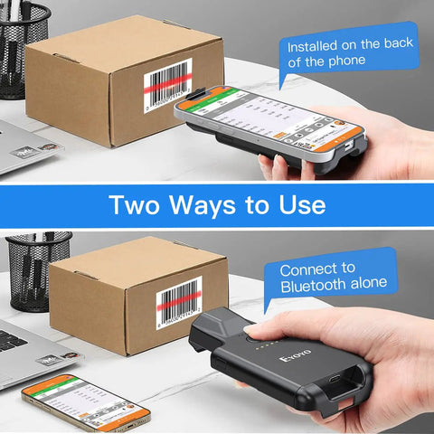 Upgraded Bluetooth Barcode Scanner With Back Clip For iPhone And Android attached to phone and used wirelessly