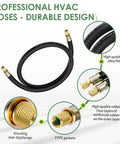 Half Inch HVAC Vacuum Hose With Three Eighths Inch Fittings Six Feet Long High Flow Refrigerant Evacuation Line 640 Psi Working Pressure 3200 Psi Burst Compatible With Most Refrigeration And Air Conditioning Equipment Black with close-up on fittings and rubber layers.