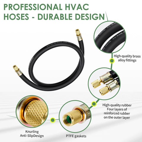 Half Inch HVAC Vacuum Hose With Three Eighths Inch Fittings Six Feet Long High Flow Refrigerant Evacuation Line 640 Psi Working Pressure 3200 Psi Burst Compatible With Most Refrigeration And Air Conditioning Equipment Black with close-up on fittings and rubber layers.