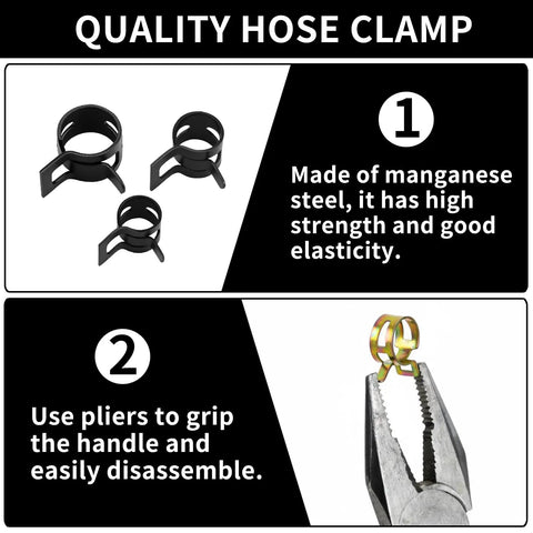152 Piece Fuel Line Clamp Kit With Spring Clamps And Hose Clips, usage instructions with black hose clamps and pliers