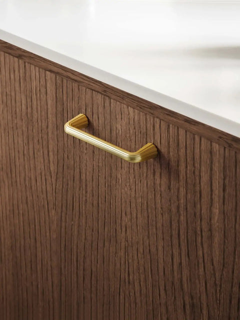 Super Slick 5 Pack Gold Cabinet Pulls With Brushed Brass Finish, 3.75 Inch Hole Center Zinc Alloy Drawer Handles on wood cabinet.