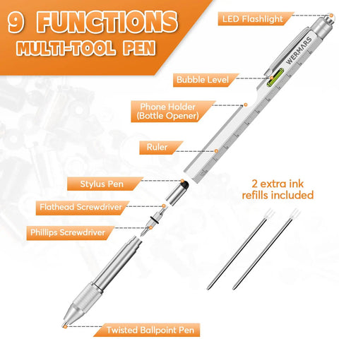 9 In 1 Multitool Pen Gift For Men With Personalized Gift Box detailed functions diagram and extra ink refills visible