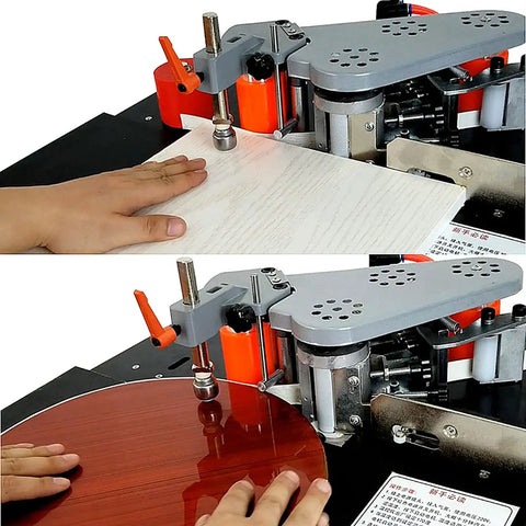 Hands operating Benchtop Edge Bander Portable Woodworking Banding Machine with double sided gluing on wood surfaces.