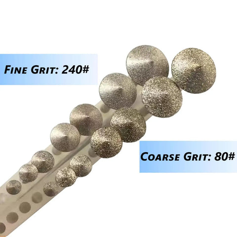 Umbrella Shape Diamond Burr Set For Rotary Tools, 7 Pc 240 Grit With One Eighth Inch Shank displayed with grit details