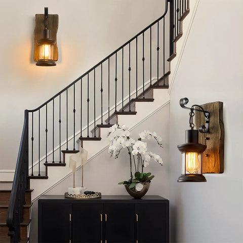 Set Of Two Rustic Industrial Wall Sconces In Black Metal With Wood Backplate Farmhouse Indoor Lighting for hallway staircase