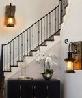 Indoor setting with Dope Industrial Antique Wall Lantern With Pulley Sconce for Farmhouse Decor Vintage Red Painted Wall Light on stairs