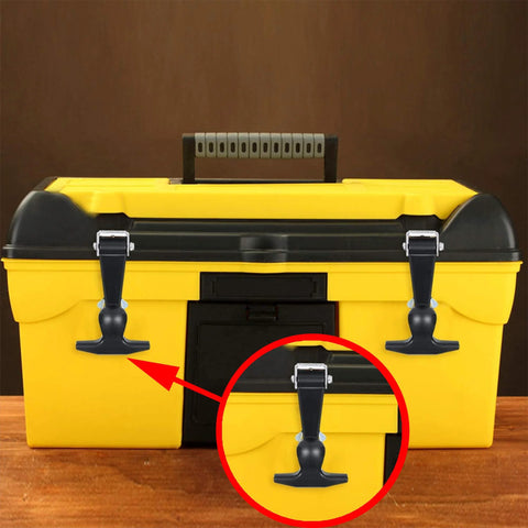 Front view of PDETVEO 4.6in rubber T-handle draw latch, black, mounted on yellow tool box lid (2-pack)