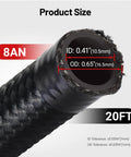 Close-up of 8AN Nylon Braided Fuel Line Kit With Fittings, 20Ft Black Hose Set, showing dimensions and braided texture.