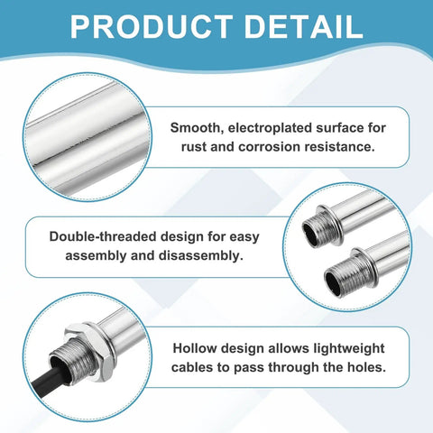 Product detail showing the 2 Piece Chrome Lamp Stem Rod Kit Featuring 120mm Straight Extensions With Secure M10 Double Thread.