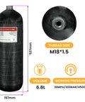 4500 PSI Beefy Carbon Fiber PCP Air Tank 6.8L with dimensions and thread size for scuba and paintball use