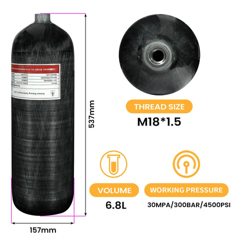 6.8L Carbon Fiber HPA Tank 4500 PSI PCP Air Tank For Paintball And Scuba Gear with M18x1.5 thread shown in detail