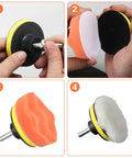 11Pcs Pro Grade Car Buffing Pads For Drill Polishing Kit showing installation of M10 drill attachment with foam and wool pads