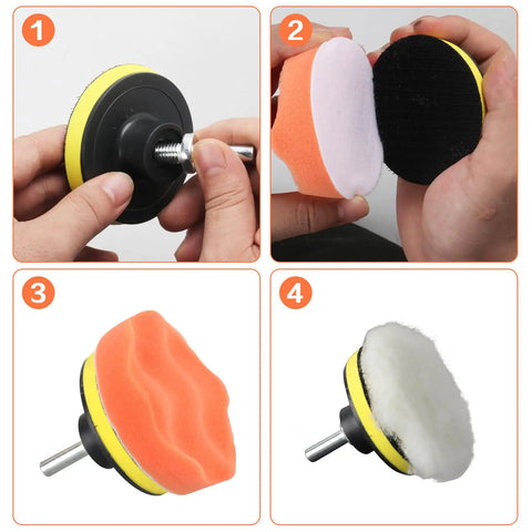 11Pcs Pro Grade Car Buffing Pads For Drill Polishing Kit showing installation of M10 drill attachment with foam and wool pads