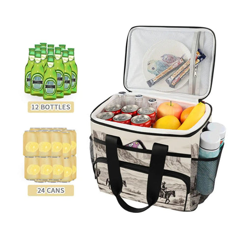 Desert Cowboys Insulated Lunch Bag With Shoulder Strap For Picnics Hikes Camping And Work On The Go 15L with cans and fruit