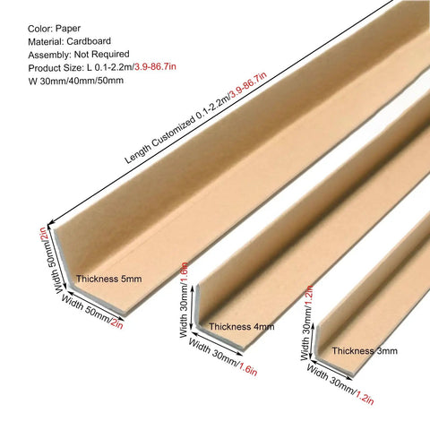 100 Pack Cardboard Corner Protectors And Edge Guards For Shipping Reinforce Boxes With Recycled Pallet Corner Blocks To Keep Your Goods Locked Safe And Dings At Bay Straight Up Packaging Armor For Heavy Duty Freight Delivery, shown in three sizes.