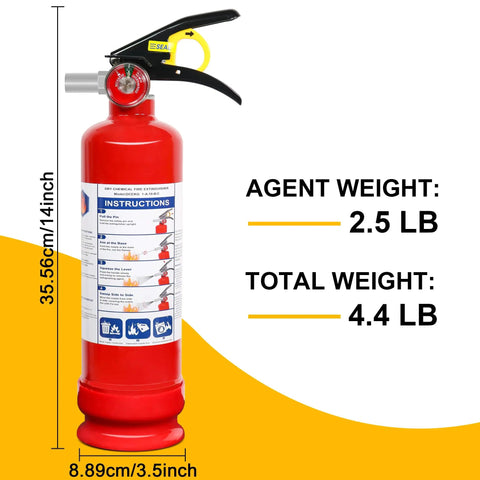 Quad Pack 2.5 Lb Dry Chemical Fire Extinguishers With Quick Release Handle, 1A:10B:C Rating For Home, Vehicle, Boat, dimensions shown