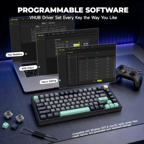 Top Shelf 75 Percent Wired Mechanical Gaming Keyboard With Rgb Backlit Keys And Slick Metal Media Dial For A Clean Desk Setup showing programmable software settings.