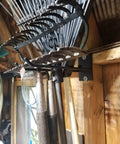Heavy Duty Steel Wall Mount Tool Organizer For Garage Storage And Garden Tools Shovel Holder Rake And Broom Hooks Overhead Garage Rack installed in shed
