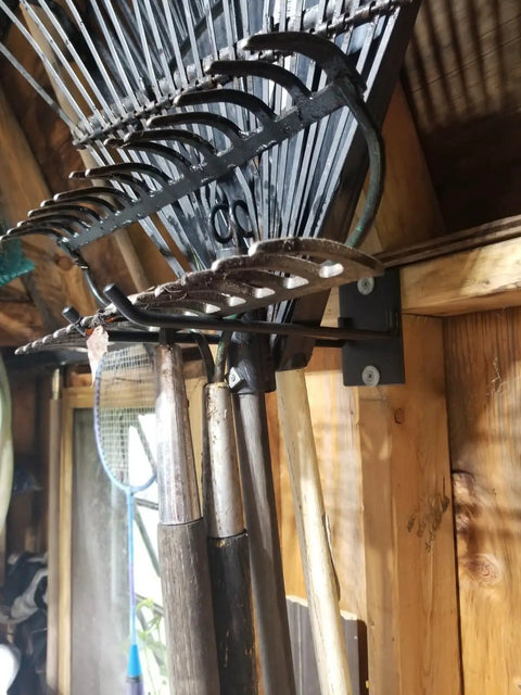Heavy Duty Steel Wall Mount Tool Organizer For Garage Storage And Garden Tools Shovel Holder Rake And Broom Hooks Overhead Garage Rack installed in shed