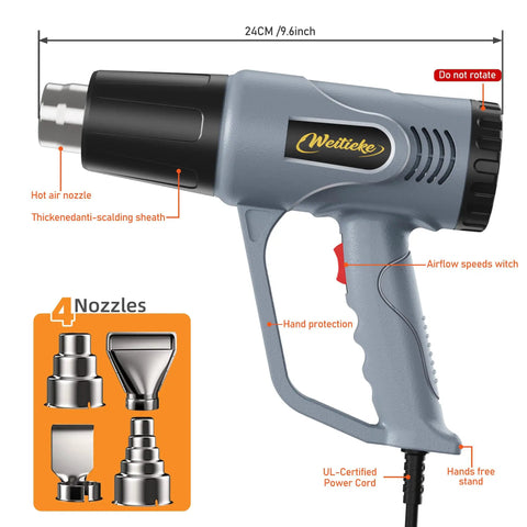 Powerful Dual Temperature Heat Gun With 572F And 1112F Settings Overload Protection, shown with four nozzles and features labeled.
