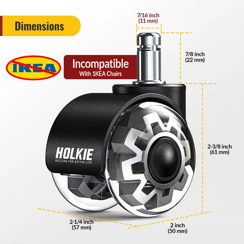 Office Chair Wheels Grey Dual Rubber 2 Inch Replacement Casters With 360 Degree Swivel Quiet Rolling Universal Fit For Hardwood Floors And Carpet Set Of 5 11 By 22 Mm Smooth Glide For Computer And Gaming Chairs close-up with dimensions
