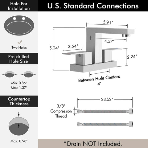 Diagram showing dimensions of 4 Inch Centerset Bathroom Sink Faucet In Brushed Finish SUS304 Stainless Steel Lead Free NSF Certified CUPC California Compliant Includes Supply Lines Built To Last Tough As Nails.