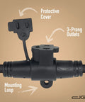 Close-up of 3-prong outlet with protective cover and mounting loop, part of Beefy 50 Ft Heavy Duty 14 3 Extension Cord With 10 Outlets Spaced Every 5 Feet For Indoor Outdoor Use Perfect For Christmas Lights Holiday Decor Uplighting And Stage Backlines.
