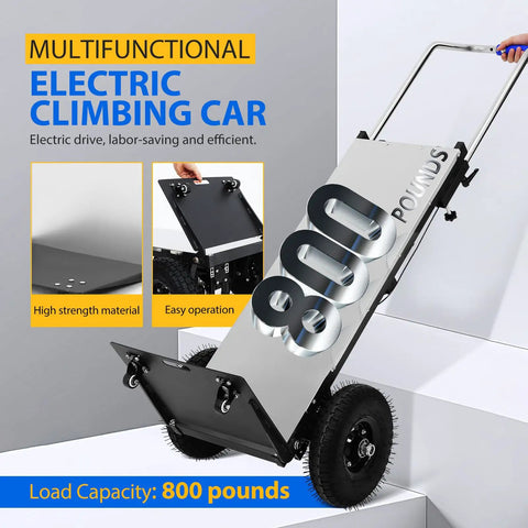 Heavy Duty Electric Stair Climbing Hand Truck With Powerful 1200 Watt Motor And Telescopic Handle To Lifting Heavy Furniture And Appliances Effortlessly On Tough Steps, showcasing sturdy design and 800-pound load capacity.