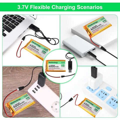 Various scenarios of Beefy 3.7V 4000mAh LiPo Battery With USB Charger Cable 1S Protection Board in use with laptops and power banks.