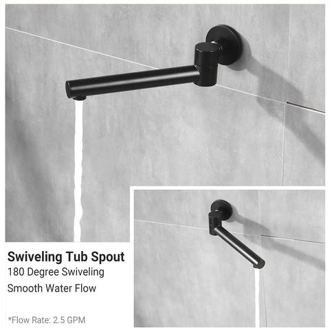 Matte Black Tub Spout For Bathtub And Shower Non Diverter Wall Mount Round Shape 180 Degree Swivel 1/2 Inch NPT Thread