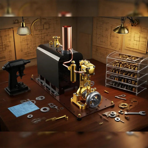 Mini Live Steam Engine Kit With Copper Boiler Reversible Reciprocating Single Cylinder CNC Machined Parts workshop setup