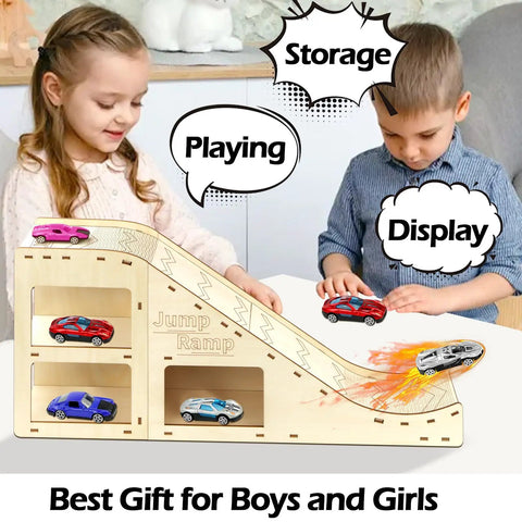 Children playing with Wooden Toy Car Jump Ramp and Race Track Set for Hot Wheels and Diecast Cars, Sturdy Plywood Jump Ramp With Storage Box