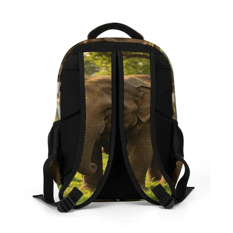 Back view of Elephant Printed Unisex Backpack With Large Capacity, showing padded straps and elephant design, durable polyester.