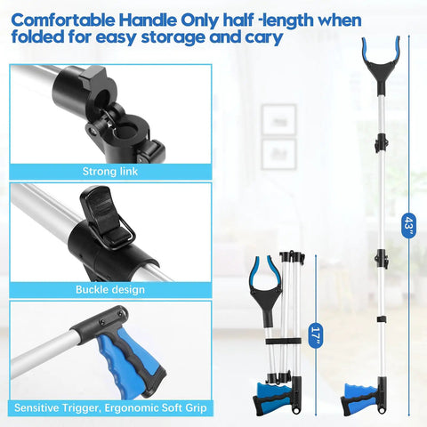 43 Inch Reacher Grabber Tool For Seniors Heavy Duty Collapsible And Easy To Store With Wide Jaw And 360 Degree Rotation So You Can Grab Cans Keys And Small Items Quickly And Securely Grab And Go Anywhere