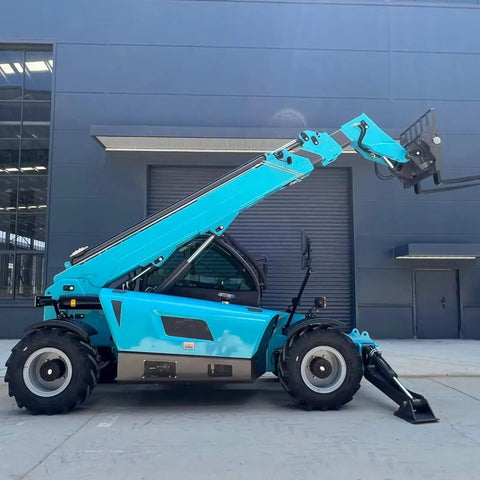 Heavy Duty Telescopic Forklift With Fast Swap Quick Hitch Setup For Effortless Pallet Handling On Rough Ground, shown in profile view.