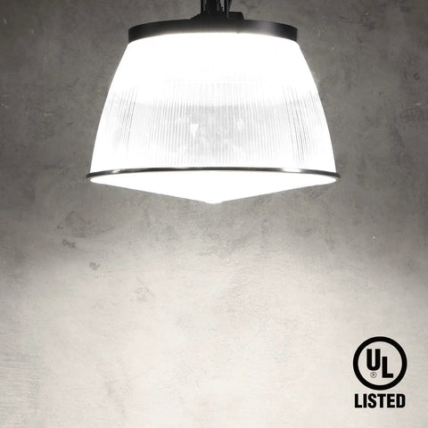 UFO LED High Bay Light With Reflector Beast Brightness 21700 Lumen 150W illuminated against a concrete wall, UL Listed